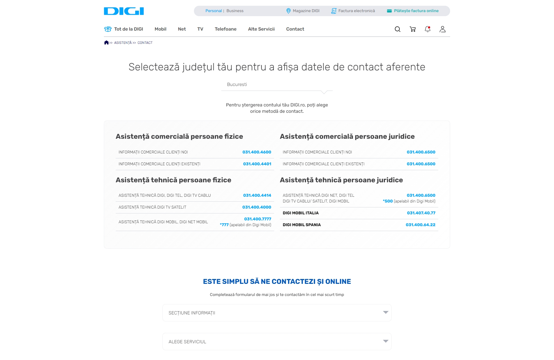 Digi Contact, Telefon, Servicii clienti
