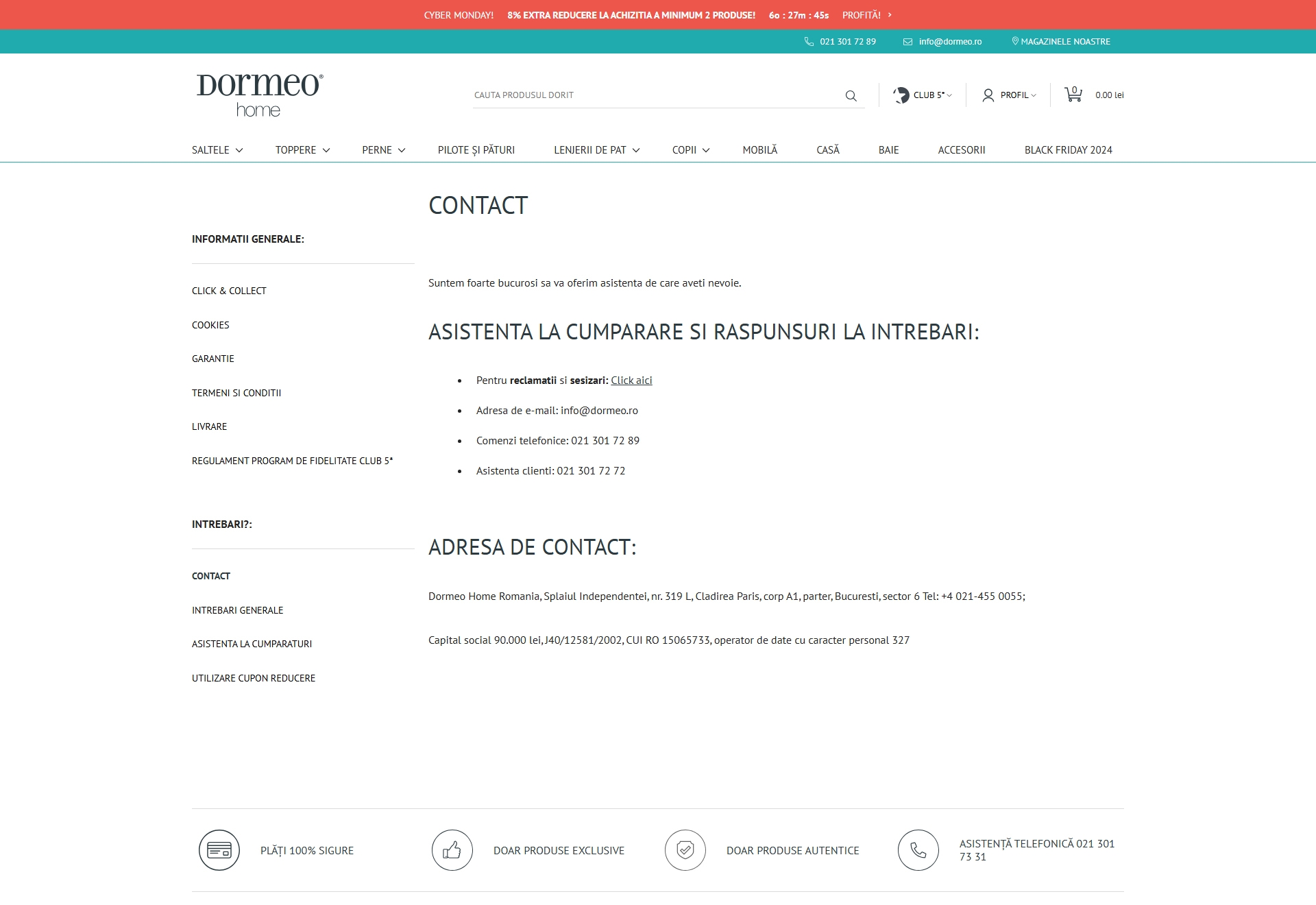 Dormeo Contact, Telefon, Servicii clienti