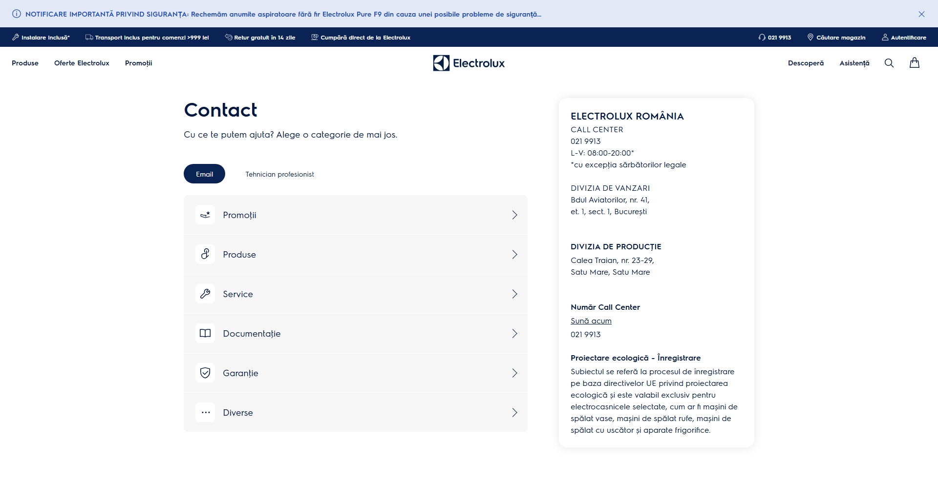 Electrolux Contact, Telefon, Servicii clienti