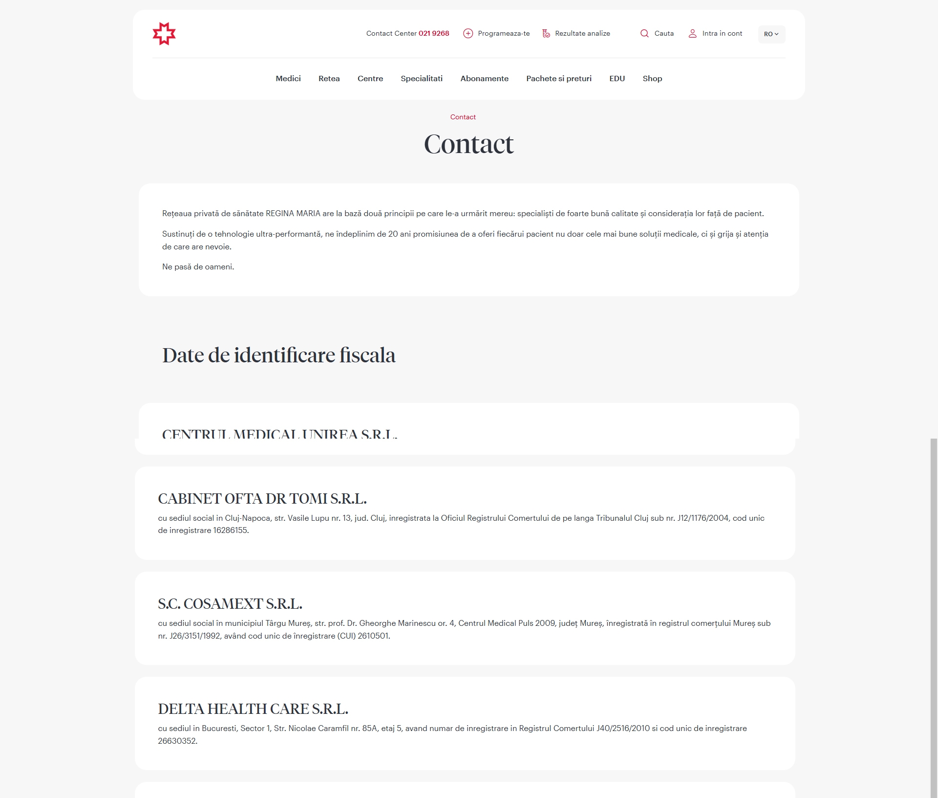 Regina Maria Contact, Telefon, Servicii clienti