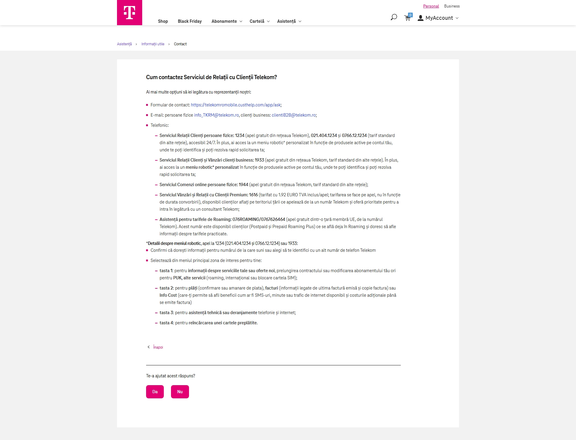 Telekom Contact, Telefon, Servicii clienti
