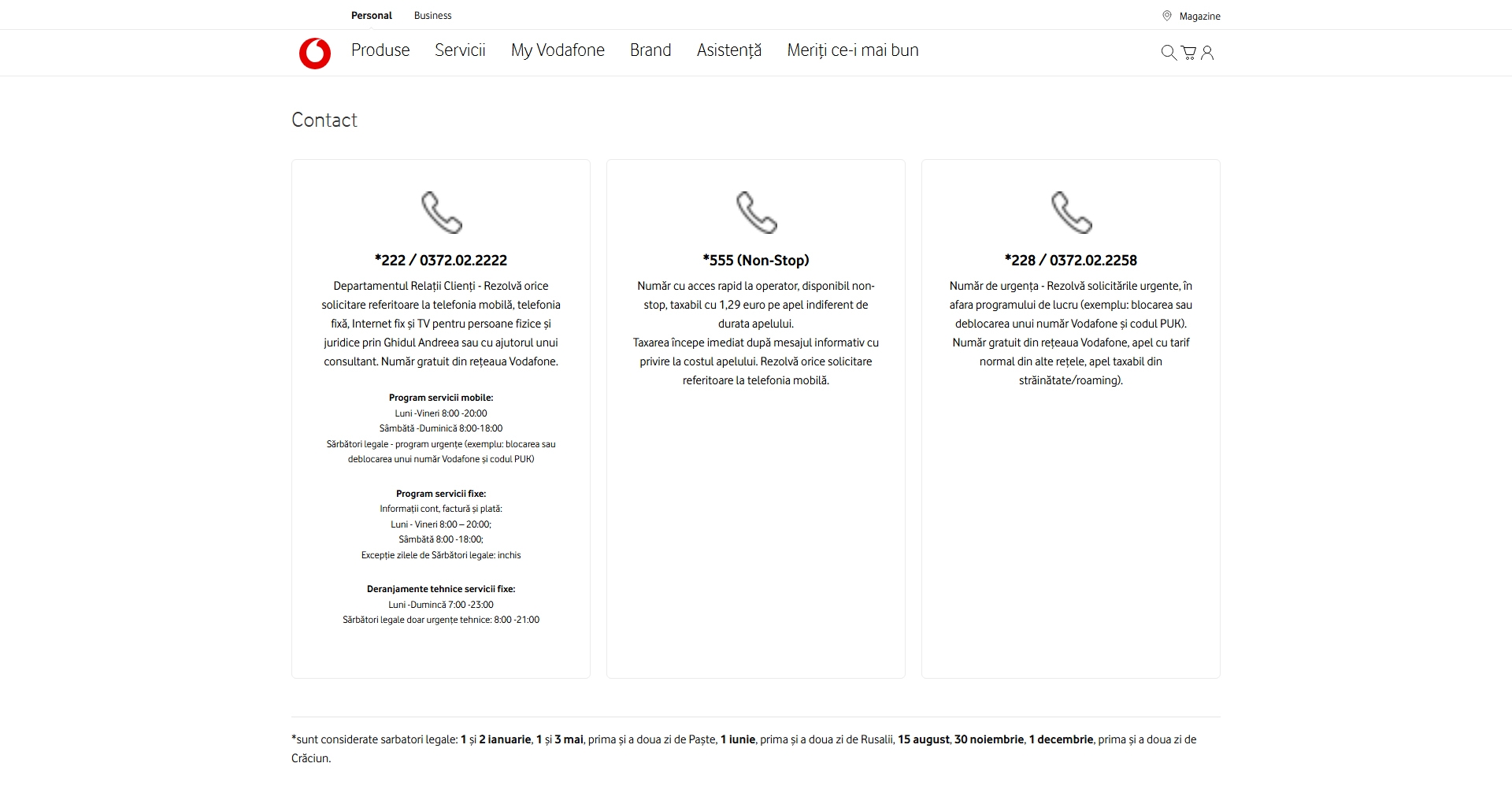 Vodafone Contact, Telefon, Servicii clienti